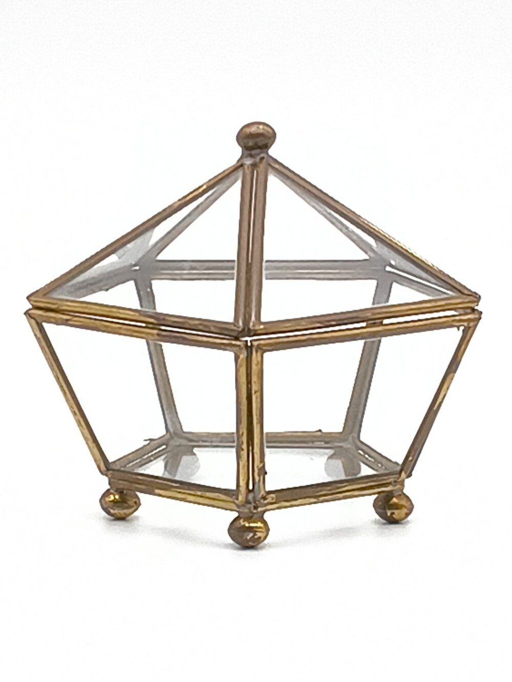 Geometric Glass & Gold Brass Wedding Ring Box – Pentagonal Jewelry Display Case